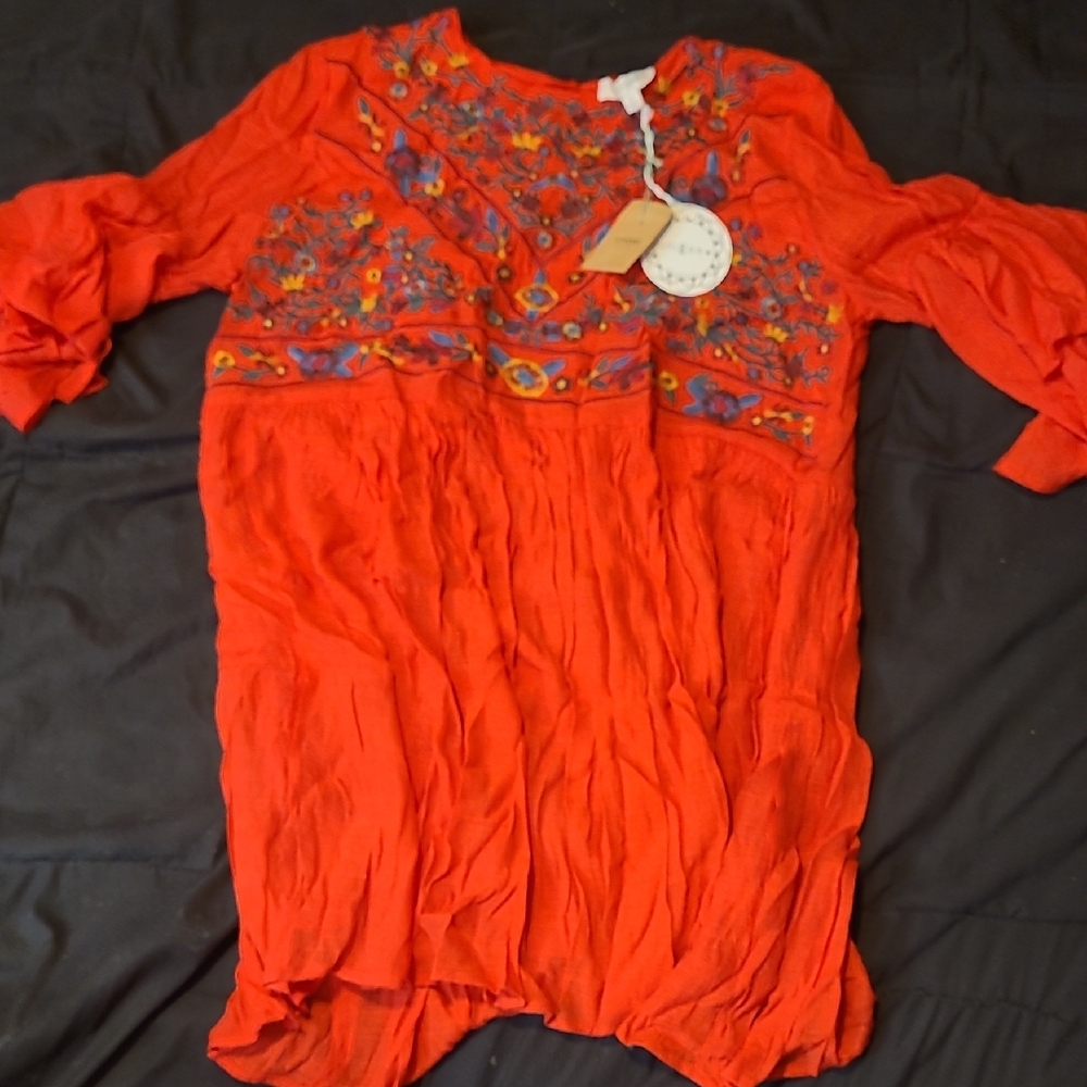 Umgee Vibrant Red Blouse with Floral Embroidery